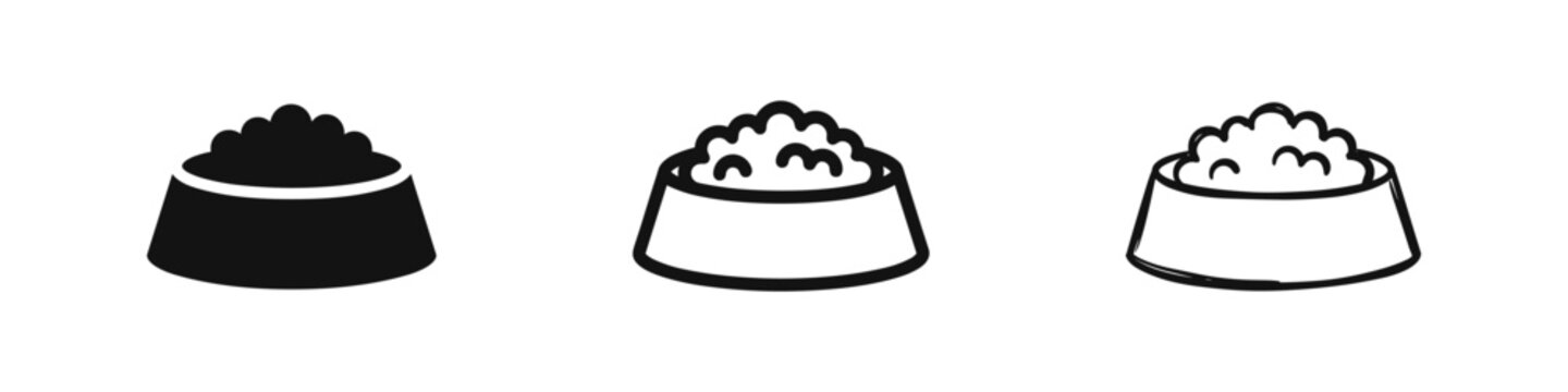 Pet Food Bowl Icon Set with Solid Outline and Hand Drawn Sketch Styles for Cat Dog and Animal Care Design