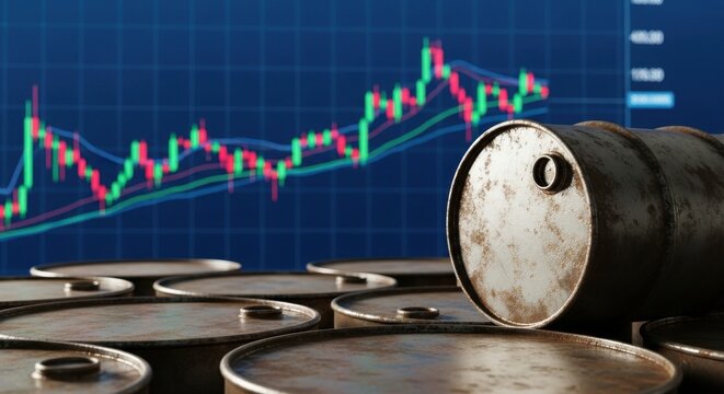 Industrial oil barrels against financial stock market chart, crude oil price trading concept, energy commodity market analysis with rusty metal drums