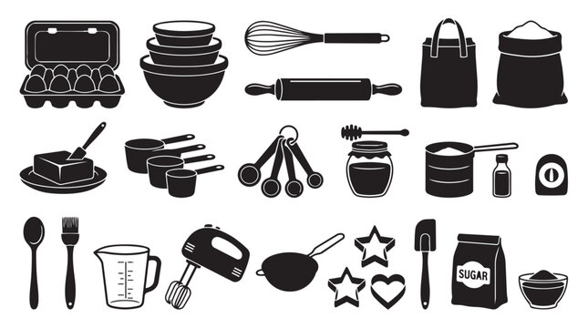 Kitchen baking utensils and tools silhouettes set with rolling pin utensils silhouette equipment