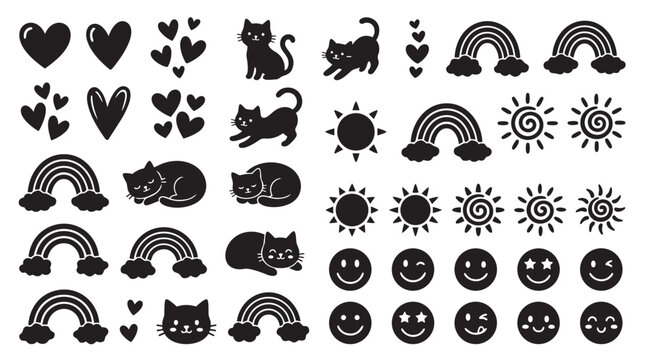 Cute hand drawn doodle icon collection of cats and rainbows with handdrawn collection illustration