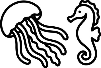 Simple line art illustration of a jellyfish and a seahorse © Boycilik