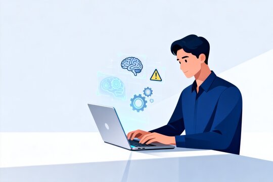 Man working on laptop with brain and gear icons
