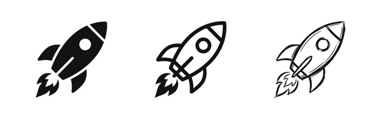 Rocket Ship Launch Icons Set Symbolizing Startup and Innovation in Solid, Outline and Sketch Styles © drawing lines