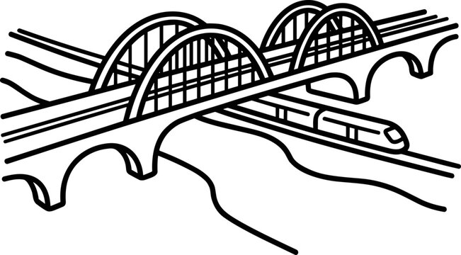 Modern train crossing an arched railway bridge over a river, line art illustration