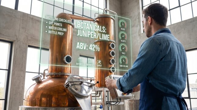 Distiller monitoring copper still with augmented reality interface