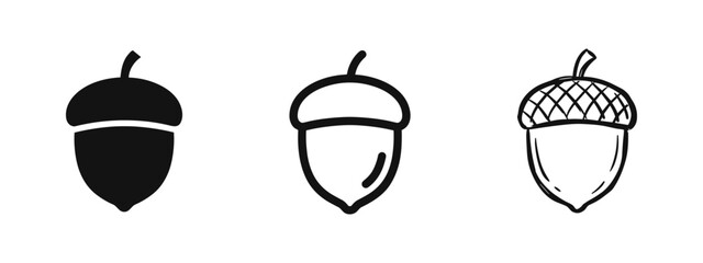 Oak Tree Acorn Nut Autumn Icon Set in Solid Outline and Hand Drawn Styles © drawing lines