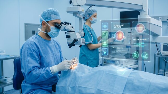 Surgeon performing laser eye surgery with holographic hud
