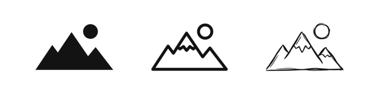 Mountain Peak with Sun Landscape Icon Set in Solid Outline and Hand Drawn Styles
