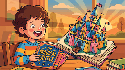 Happy young boy reading a magical pop up book with a castle. © Nimker harva
