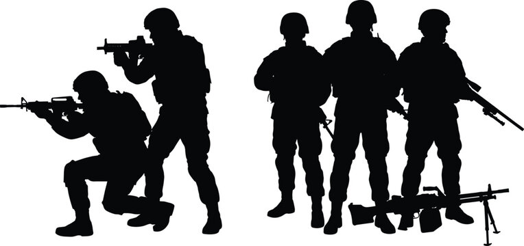 Military soldiers in tactical gear aiming rifles and standing with heavy machine guns vector black silhouette set