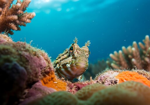 Close-up of a Toadfish Hiding Among Colorful Coral Reef.