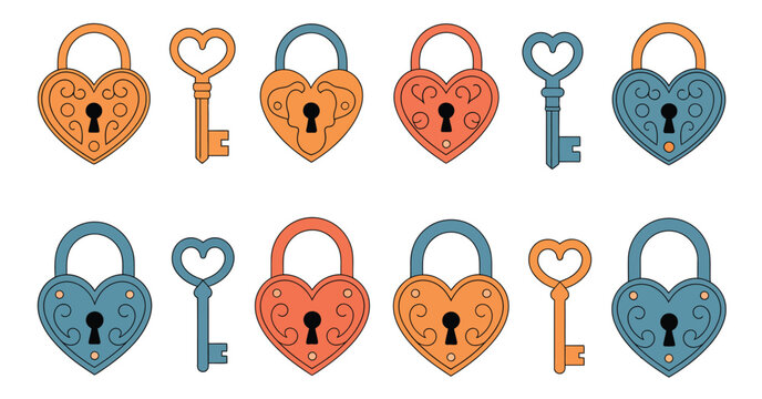 Vintage lock and key vectors featuring ornate gold and silver heart shaped padlocks with decorative skeleton keys for romantic and luxury designs.