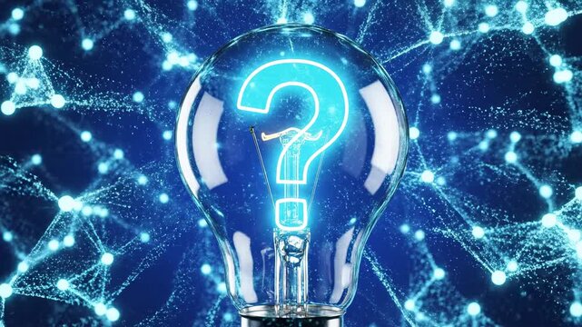 Light bulb with question mark glowing against abstract network background developing ideas in cinematic motion