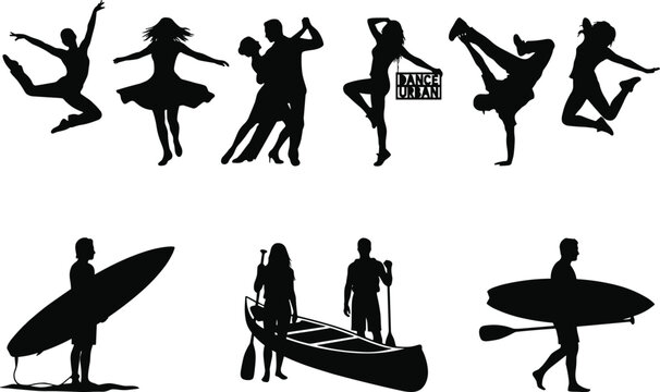 Collection of diverse dancing figures and water sports activity silhouettes
