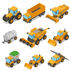 Collection of Agricultural Machines and Vehicles in Isometric View. © Den
