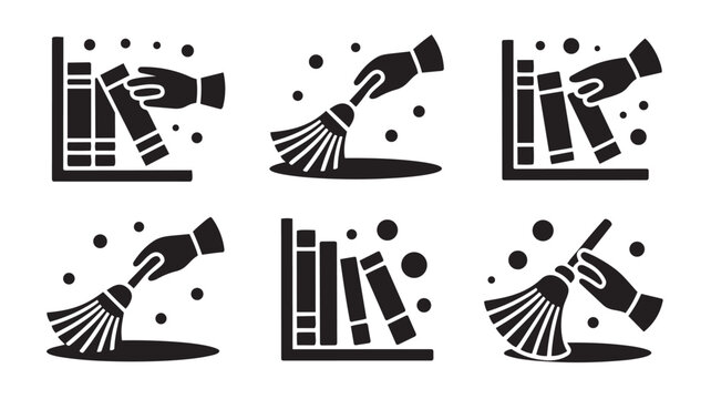 Collection of icons depicting dusting and cleaning library books on a shelf with cleaning, bookcase