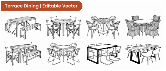 Obraz premium Outdoor dining furniture vector set with terrace tables and chairs in black line art style for garden patio cafes interior design architectural sketch layout illustration isolated on white background.