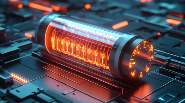 Glowing technological energy battery placed on a futuristic electronic computer circuit board.