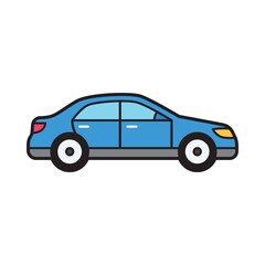 Fototapeta premium Cute blue sedan car illustration in simple flat cartoon style with clean outline, urban transportation vehicle isolated on light background.