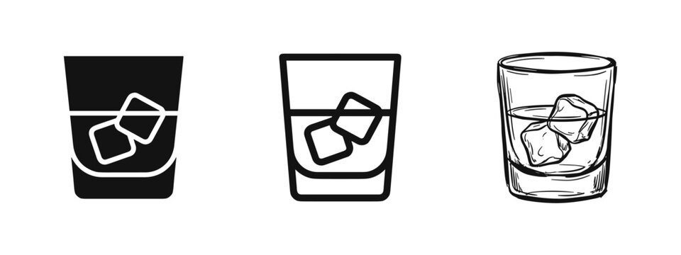 Whiskey glass with ice cubes icon set, cocktail glass vector illustration