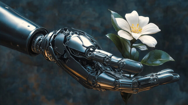 Futuristic robotic mechanical arm gently holding a pure white flower on a dark conceptual background.