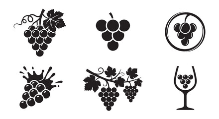Fototapeta premium Set of black and white grape vector icons illustrating viticulture and winery themes with vineyard