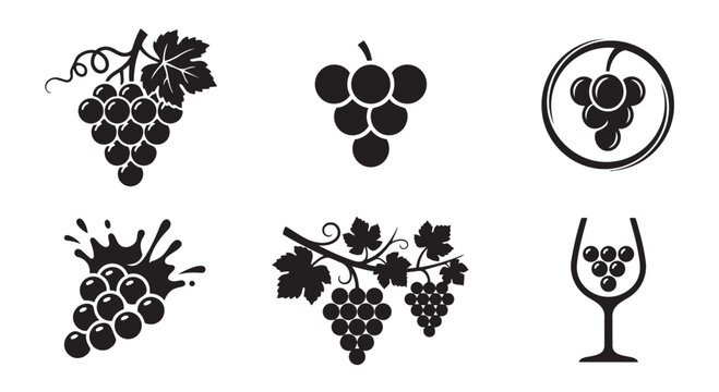 Set of black and white grape vector icons illustrating viticulture and winery themes with vineyard