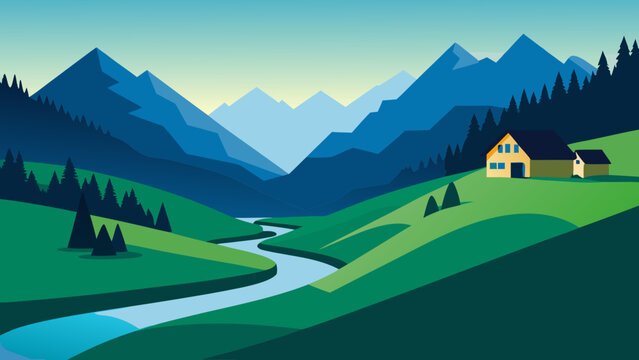Theth Alpine Valley Vector Illustration