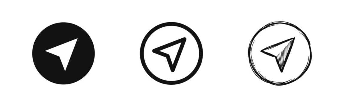Navigation Location Arrow Icons in Circle Frame with Solid, Outline, and Hand-Drawn Styles
