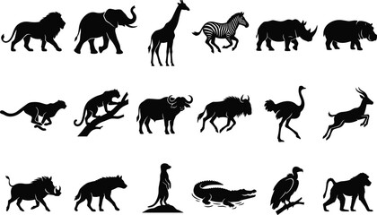 African safari animal silhouettes set including wild fauna and jungle creatures isolated on white background vector illustrationAfrican safari animal  © Prema's World