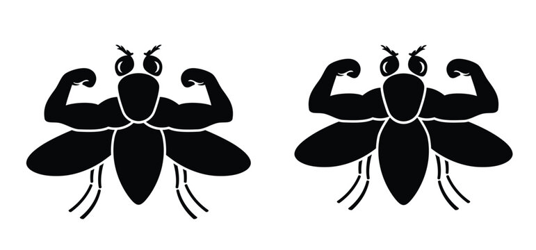 Cartoon insects with muscles. Flesh eating screw worm fly. Insect, screw-worm fly or vaker screwworm fly. Cochliomyia macellaria insect. Bodybuilding. their larvae feed on living animal tissue.