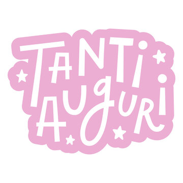 Pink sticker with the word tanti auguri on it