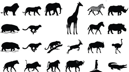 Obraz premium African Wildlife Animal Silhouette Collection Vector Set Featuring Safari Mammals Birds Reptiles and Wild Nature Wildlife Animal Silhouette 