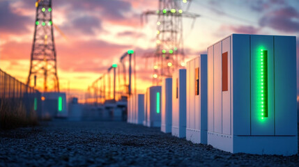 Fototapeta premium Outdoor industrial energy storage battery pack and high voltage power transmission tower at sunset.
