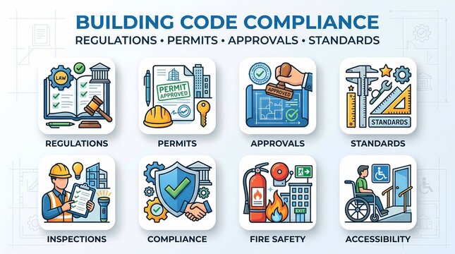 Building Code Compliance Icon Pack with Regulations Permits Approvals Standards and Safety Illustrations