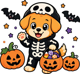 Cheerful Dog Skeleton Costume Pumpkin Candy Bucket Halloween Waving