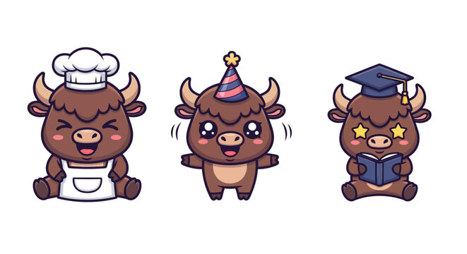 Cartoon Bulls in Different Costumes and Accessories.
