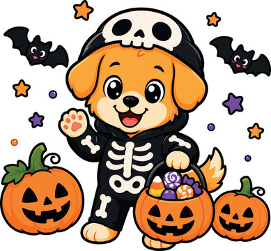 Cheerful Dog Skeleton Costume Pumpkin Candy Bucket Halloween Waving