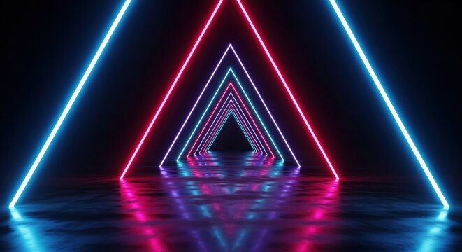 Abstract Sci-Fi Corridor with Glowing Neon Triangles and Reflective Floor for Technology Concept