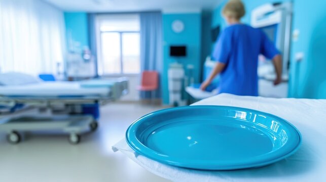 A blue bedpan on a white linen surface in a hospital room