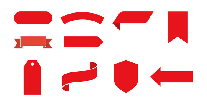 Red Ribbon Banner Shapes Set. Decorative Label and Tag Collection. Vector Badge Elements Pack
