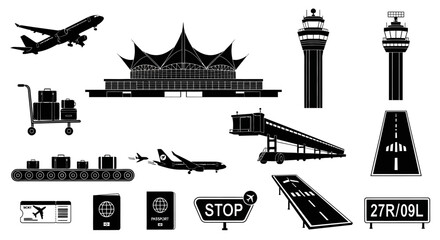 Obraz premium Set of Airport and Aviation Silhouettes Featuring Aircraft, Control Towers, Terminals, and Travel Equipment