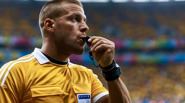 Soccer referee blowing whistle signaling game stop