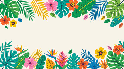 Fototapeta premium Tropical floral ornament with monstera leaves and hibiscus flowers vector illustration