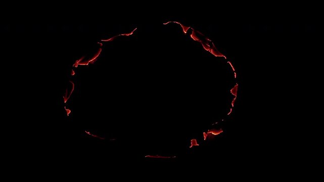 Irregular circular smoldering burn hole with fragmented glowing ember edges and dark scorched gaps, isolated on black for logo reveals, transitions, compositing and dramatic VFX overlays.