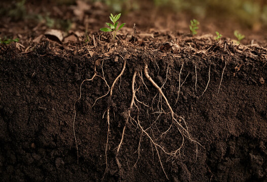 Close up of a small green plant seedling growing in dark fertile soil with visible white roots spreading downwards into the earth