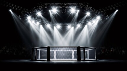 Naklejka premium Empty mma fight cage in dark arena spotlight