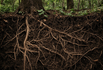 Cross section of dark forest soil showing intricate tree roots and a small green plant growing on the surface in a natural woodland setting © David