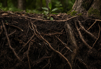 Fototapeta premium Cross section of dark soil showing intricate tree roots and a small green plant growing on the surface in a forest environment with shadows