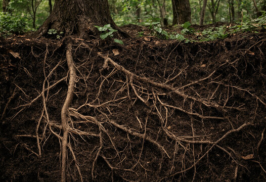 Cross section of dark forest soil showing intricate tree roots and a small green plant growing on the surface in a natural woodland setting